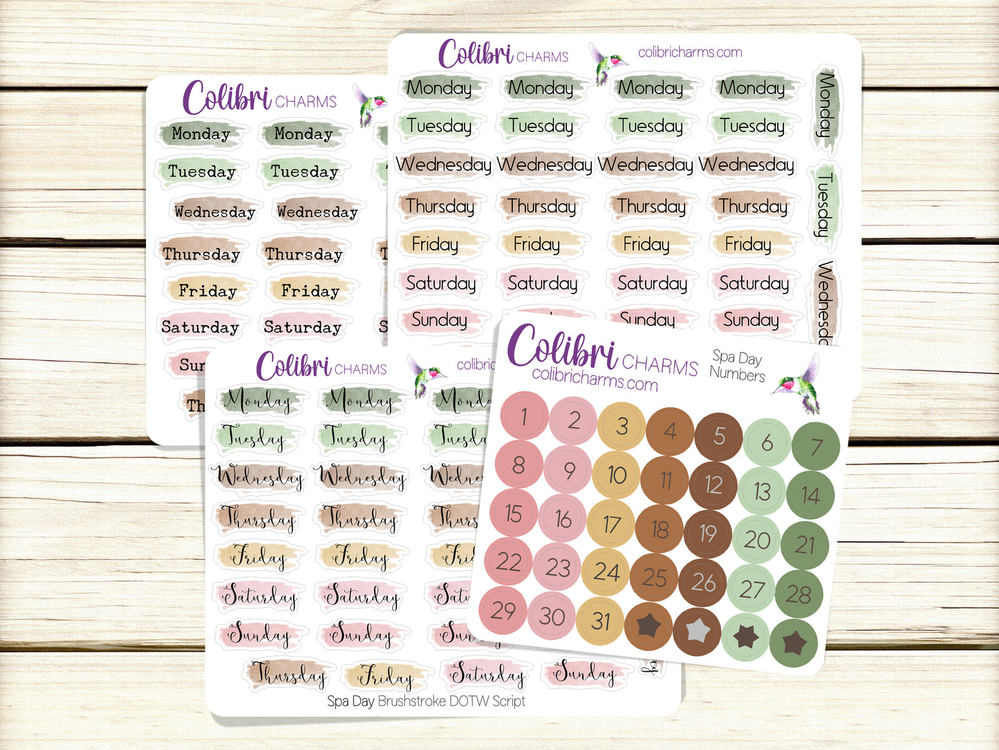 Spa Day Brushstroke Days of the Week Planner Stickers | Colorful Watercolor DOTW | Number Stickers | Date Dots