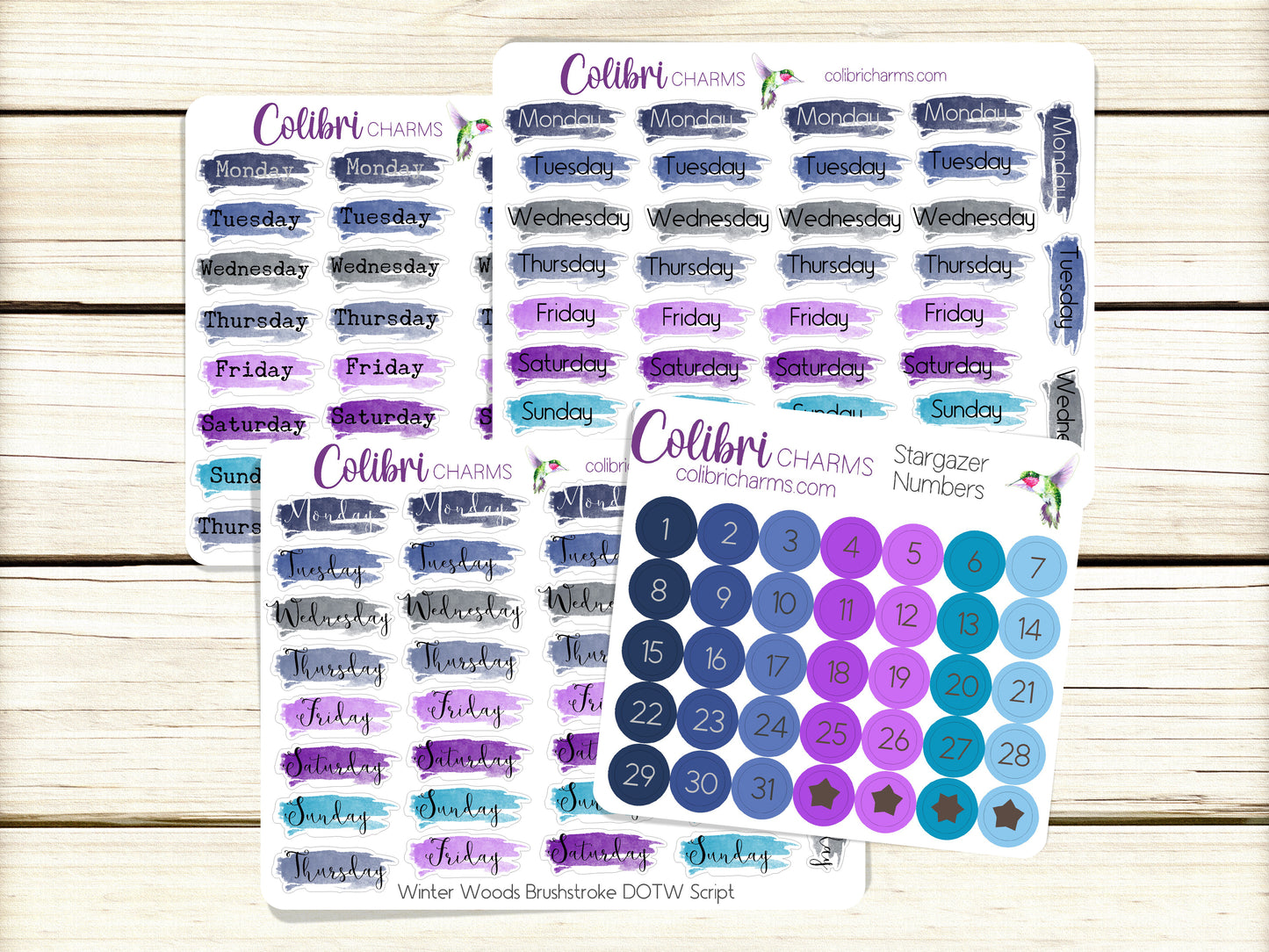 Stargazer Brushstroke Days of the Week Planner Stickers | Celestial Watercolor DOTW | Number Stickers | Date Dots