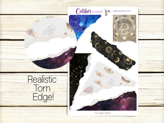 Stargazer Torn Paper Stickers | Celestial Deco Planner Stickers | Space-Themed Distressed Ripped Paper