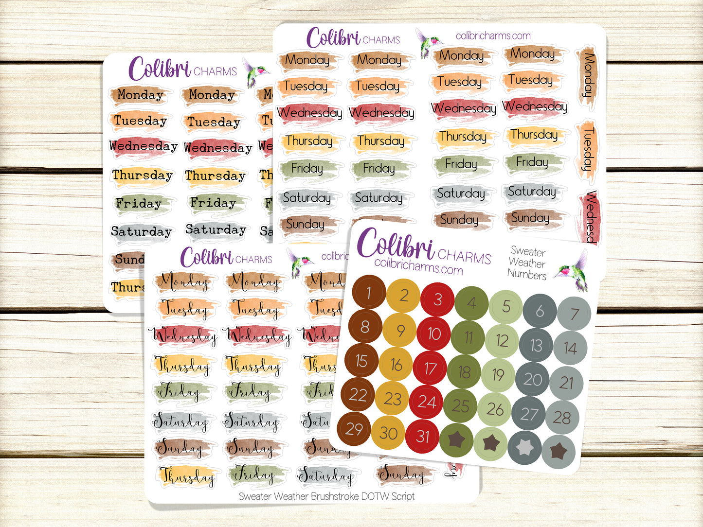 Sweater Weather Brushstroke Days of the Week Planner Stickers | Colorful Watercolor DOTW | Number Stickers | Date Dots