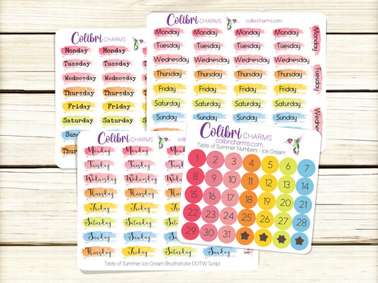 Taste of Summer Ice Cream Brushstroke Days of the Week Planner Stickers | Watercolor DOTW Stickers | Number Stickers | Date Dots