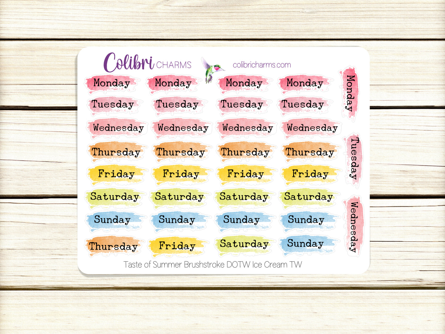 Taste of Summer Ice Cream Brushstroke Days of the Week Planner Stickers | Watercolor DOTW Stickers | Number Stickers | Date Dots