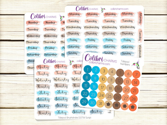 Tidepool Brushstroke Days of the Week Planner Stickers, Colorful Watercolor DOTW, Number Stickers, Date Dots