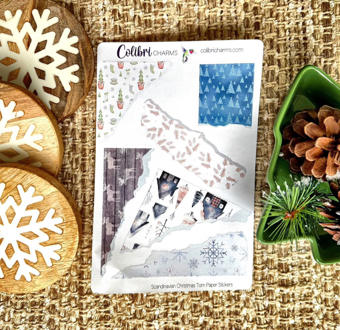 Scandinavian Christmas Torn Paper Stickers | Nordic Holiday Deco Planner Stickers | Distressed Ripped Paper