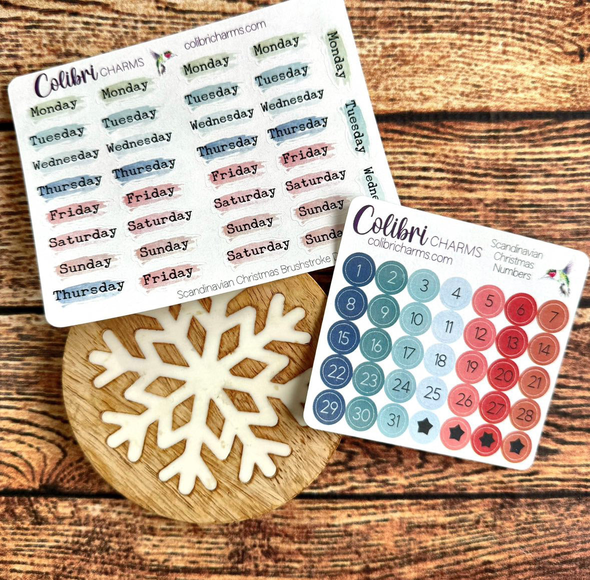 Scandinavian Christmas  Brushstroke Days of the Week Planner Stickers, Colorful Watercolor DOTW, Number Stickers, Date Dots