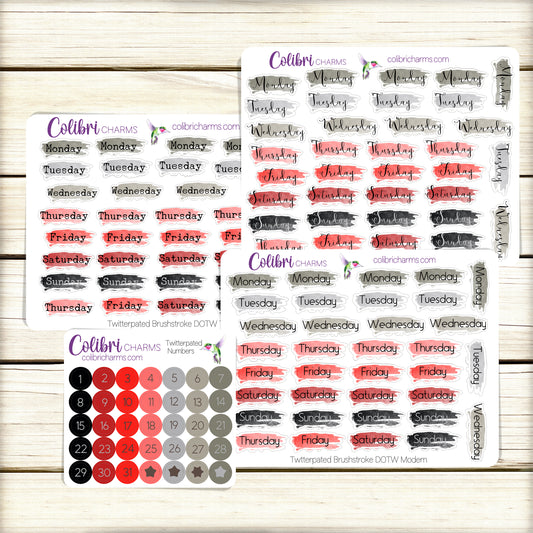 Twitterpated Brushstroke Days of the Week Planner Stickers | Colorful Valentine Watercolor DOTW | Number Stickers | Date Dots