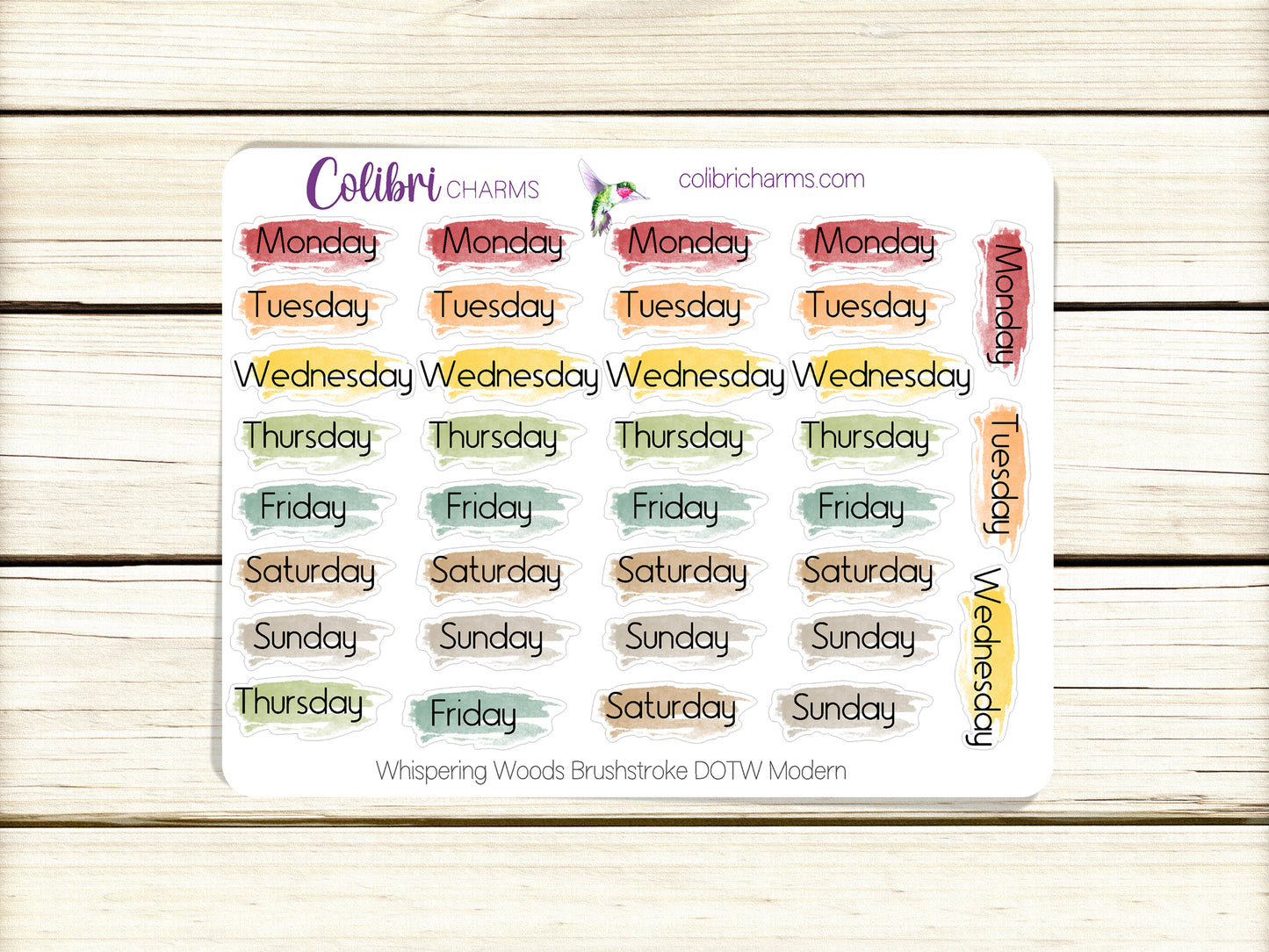 Whispering Woods Brushstroke Days of the Week Planner Stickers | Colorful Watercolor DOTW | Number Stickers | Date Dots