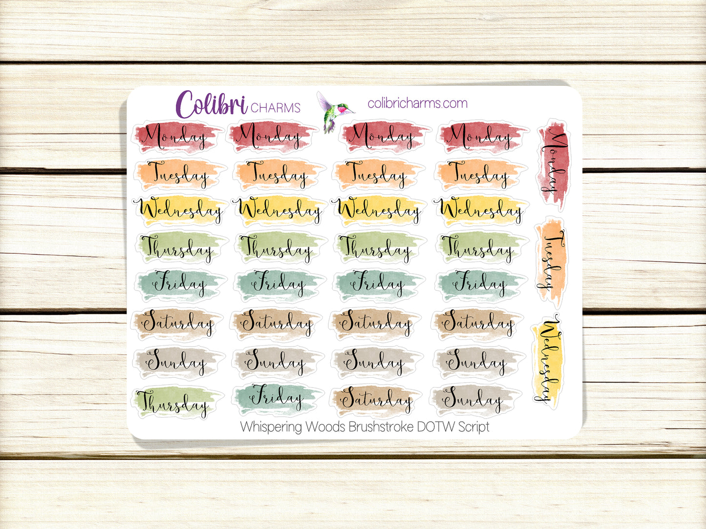 Whispering Woods Brushstroke Days of the Week Planner Stickers | Colorful Watercolor DOTW | Number Stickers | Date Dots