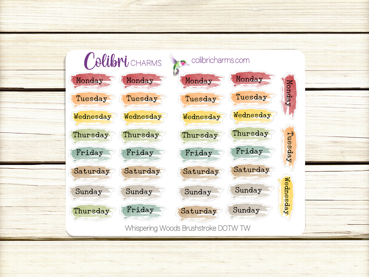 Whispering Woods Brushstroke Days of the Week Planner Stickers | Colorful Watercolor DOTW | Number Stickers | Date Dots