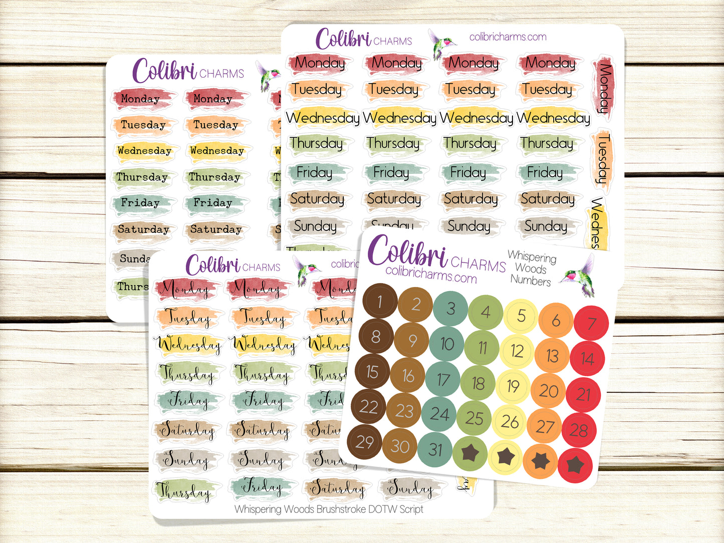 Whispering Woods Brushstroke Days of the Week Planner Stickers | Colorful Watercolor DOTW | Number Stickers | Date Dots