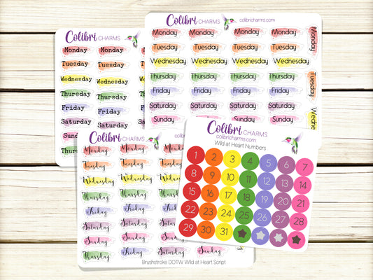 Wild at Heart Brushstroke Days of the Week Planner Stickers | Watercolor DOTW Stickers | Number Stickers | Date Dots | Date Stickers
