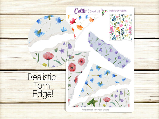 Wild at Heart Torn Paper Stickers | Wildflower Decor | Poppy Planner Stickers | Seasonal Floral Planner Stickers | Ripped Paper