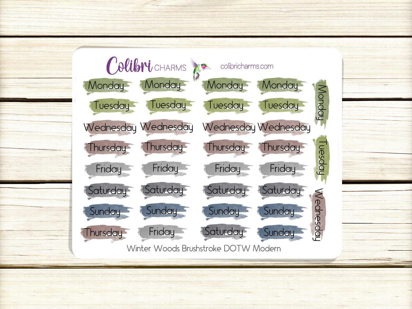 Winter Woods Brushstroke Days of the Week Planner Stickers | Colorful Watercolor DOTW | Number Stickers | Date Dots