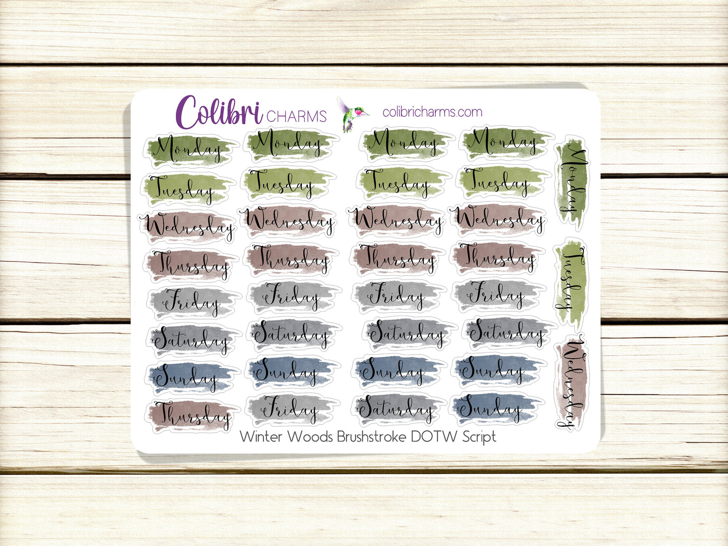 Winter Woods Brushstroke Days of the Week Planner Stickers | Colorful Watercolor DOTW | Number Stickers | Date Dots