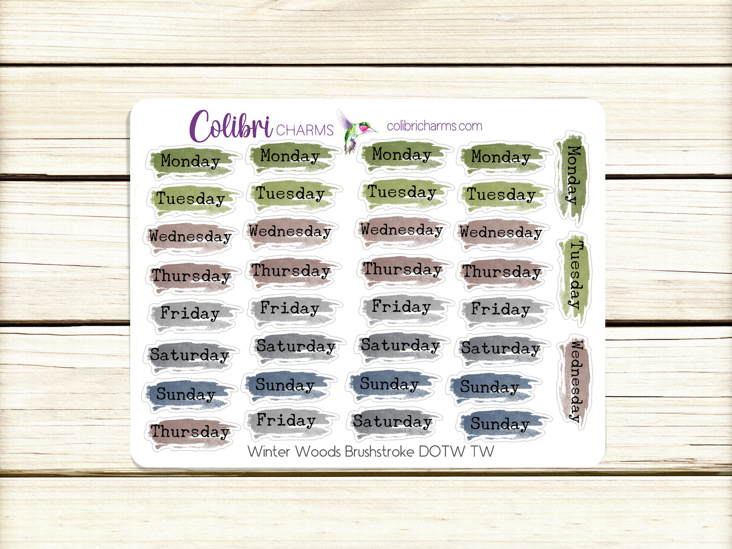 Winter Woods Brushstroke Days of the Week Planner Stickers | Colorful Watercolor DOTW | Number Stickers | Date Dots