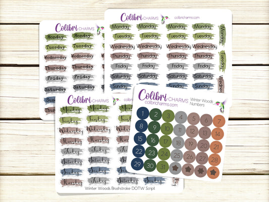 Winter Woods Brushstroke Days of the Week Planner Stickers | Colorful Watercolor DOTW | Number Stickers | Date Dots