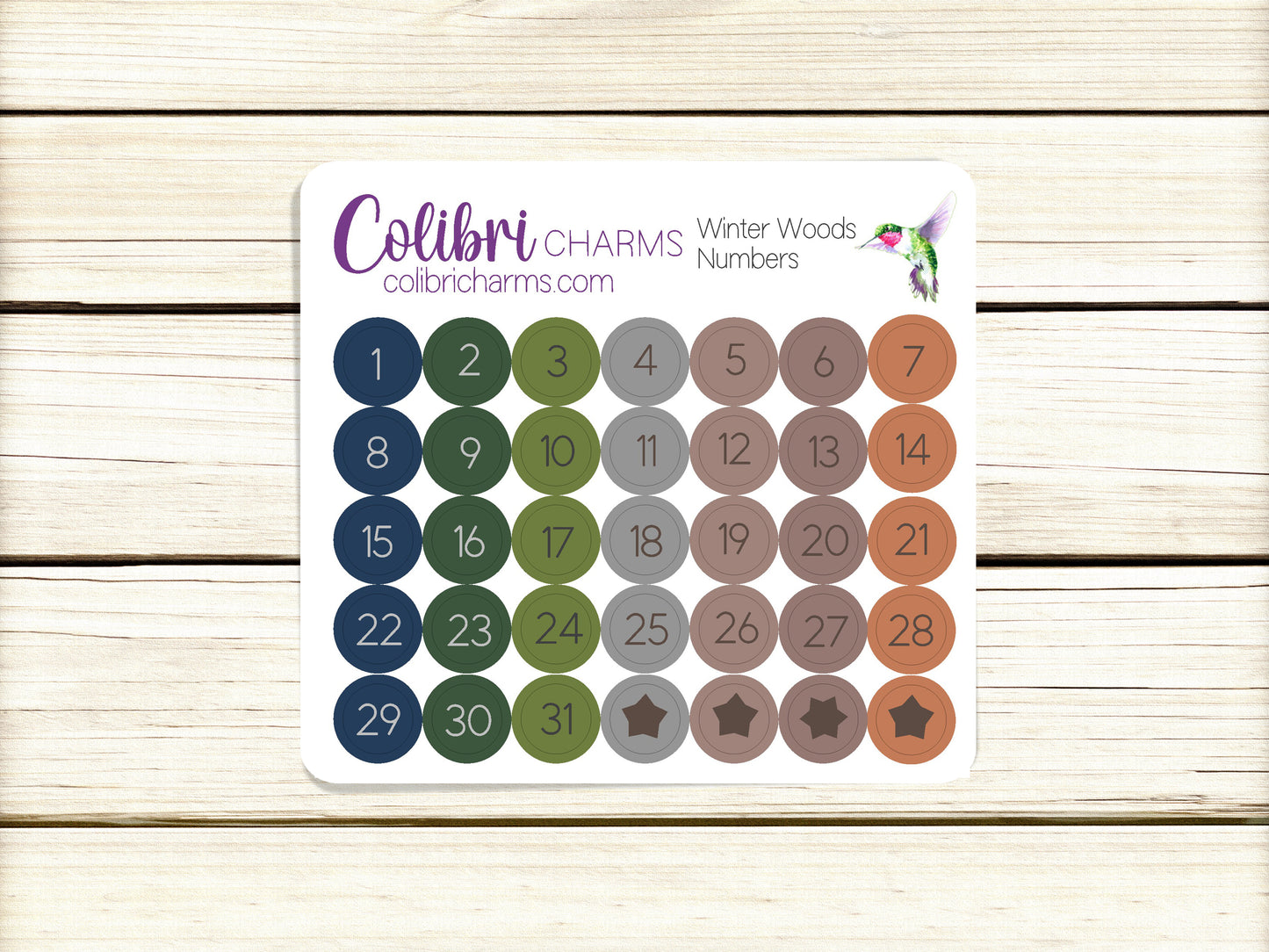 Winter Woods Brushstroke Days of the Week Planner Stickers | Colorful Watercolor DOTW | Number Stickers | Date Dots