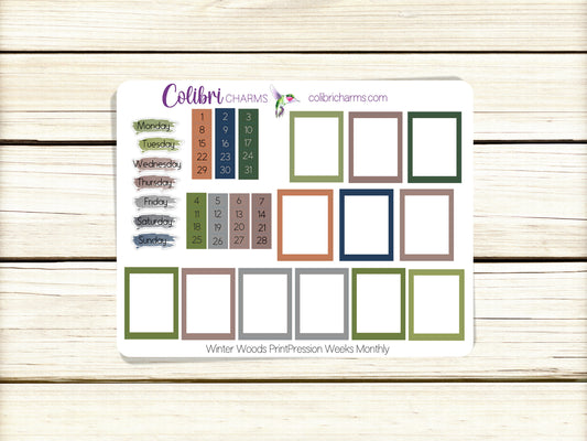 Winter Woods Weeks Monthly Planner Stickers | PrintPression Colorful Watercolor DOTW | Tiny Number Stickers | Date Dots