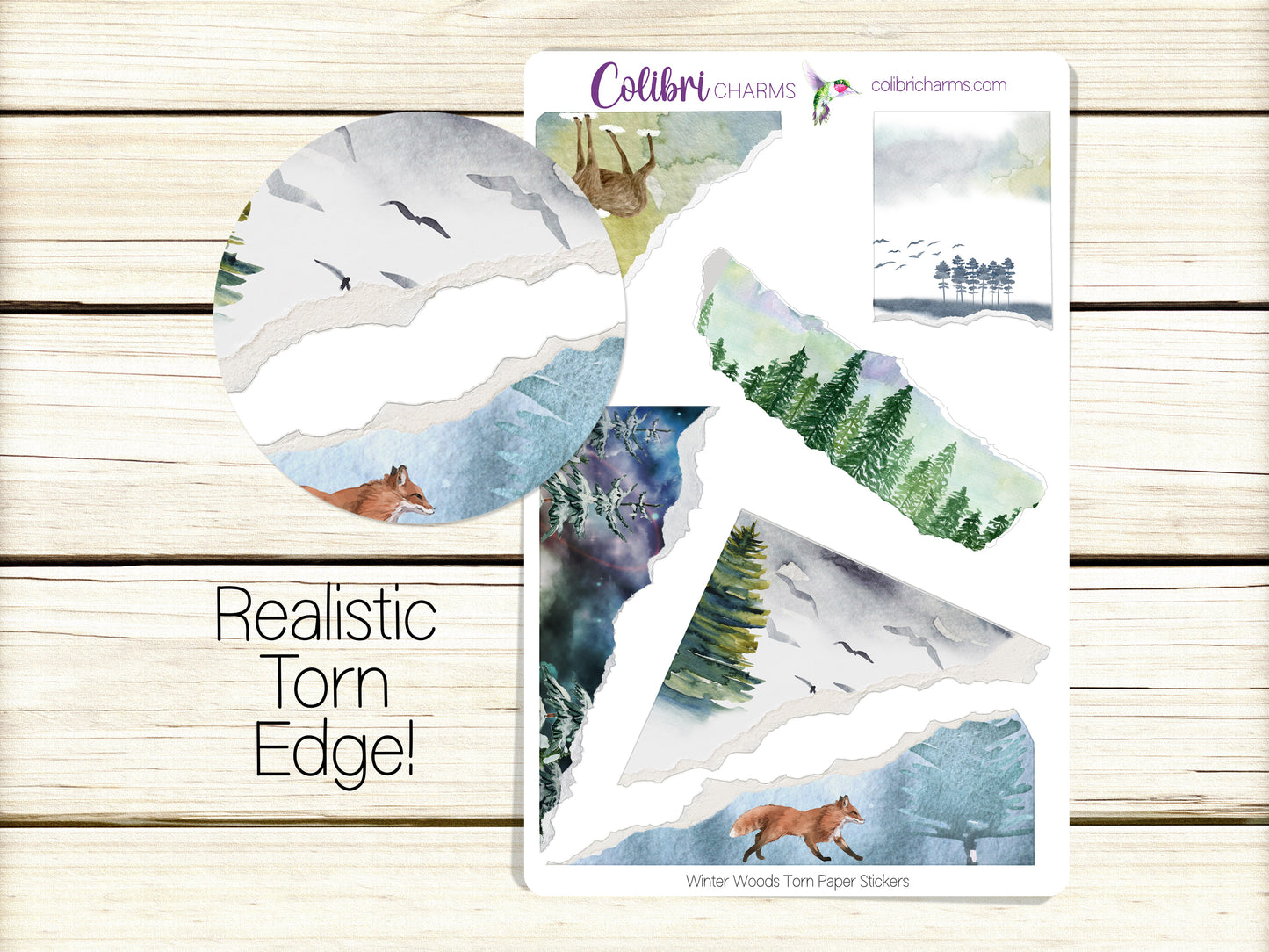 Winter Woods Torn Paper Stickers | Foggy Forest Deco Planner Stickers | Distressed Ripped Paper