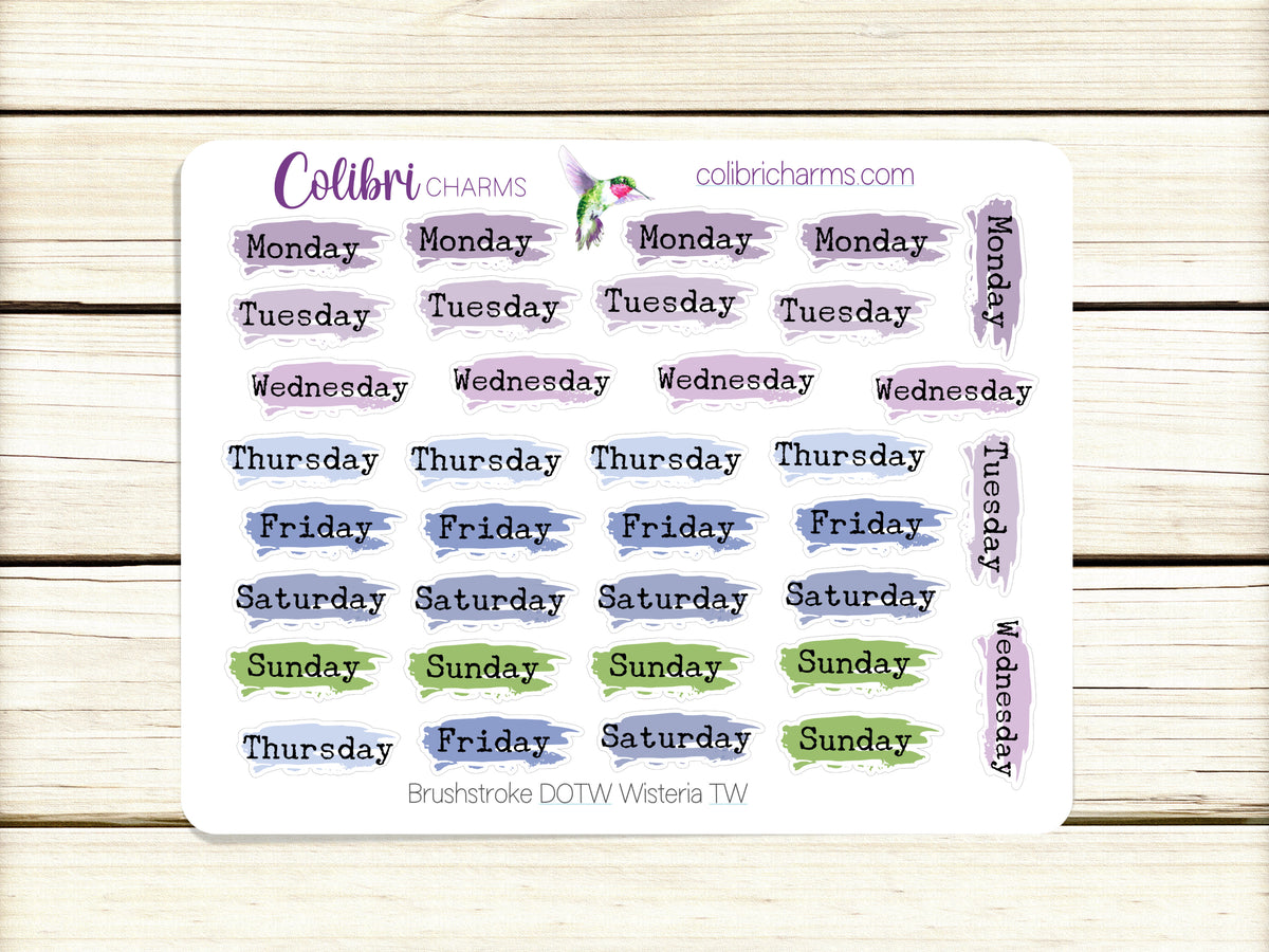 Brushstroke Days of the Week Planner Stickers in Wisteria | Watercolor DOTW Stickers | Script Daily Stickers | Date Dots | Date Stickers