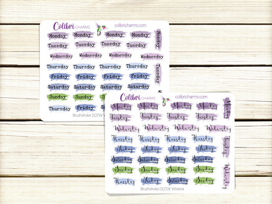 Brushstroke Days of the Week Planner Stickers in Wisteria | Watercolor DOTW Stickers | Script Daily Stickers | Date Dots | Date Stickers