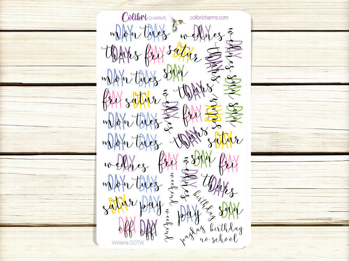 Wisteria Days of the Week Planner Stickers | Pastel DOTW Stickers | Colorful Daily Stickers | Seasonal Planner Stickersr