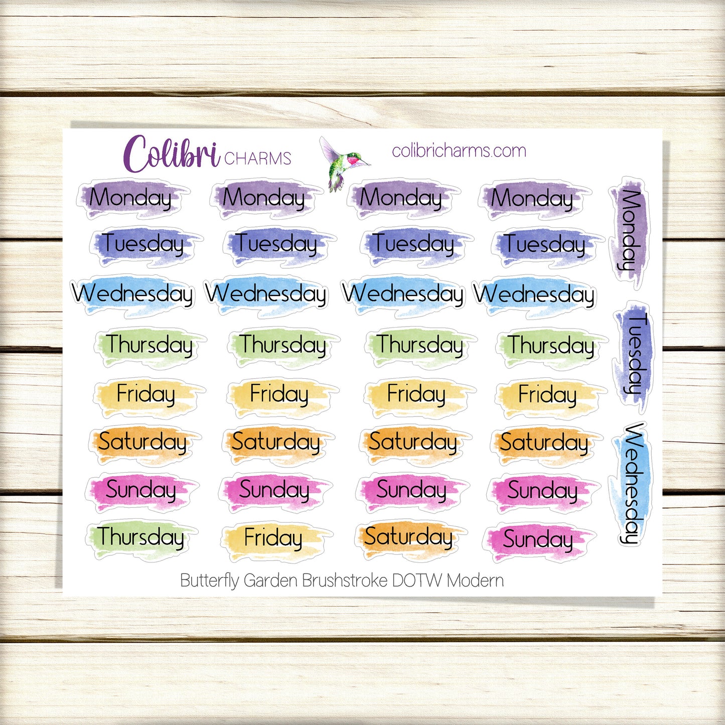 Butterfly Garden Brushstroke Days of the Week Planner Stickers | Colorful Watercolor DOTW | Number Stickers | Date Dots