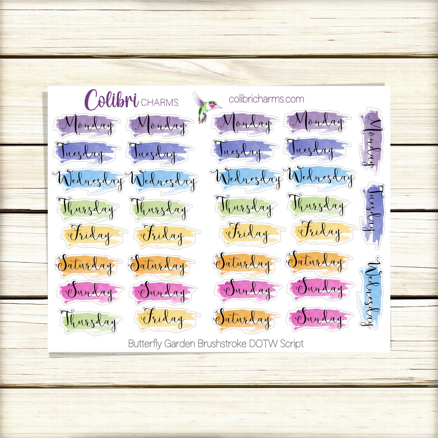 Butterfly Garden Brushstroke Days of the Week Planner Stickers | Colorful Watercolor DOTW | Number Stickers | Date Dots