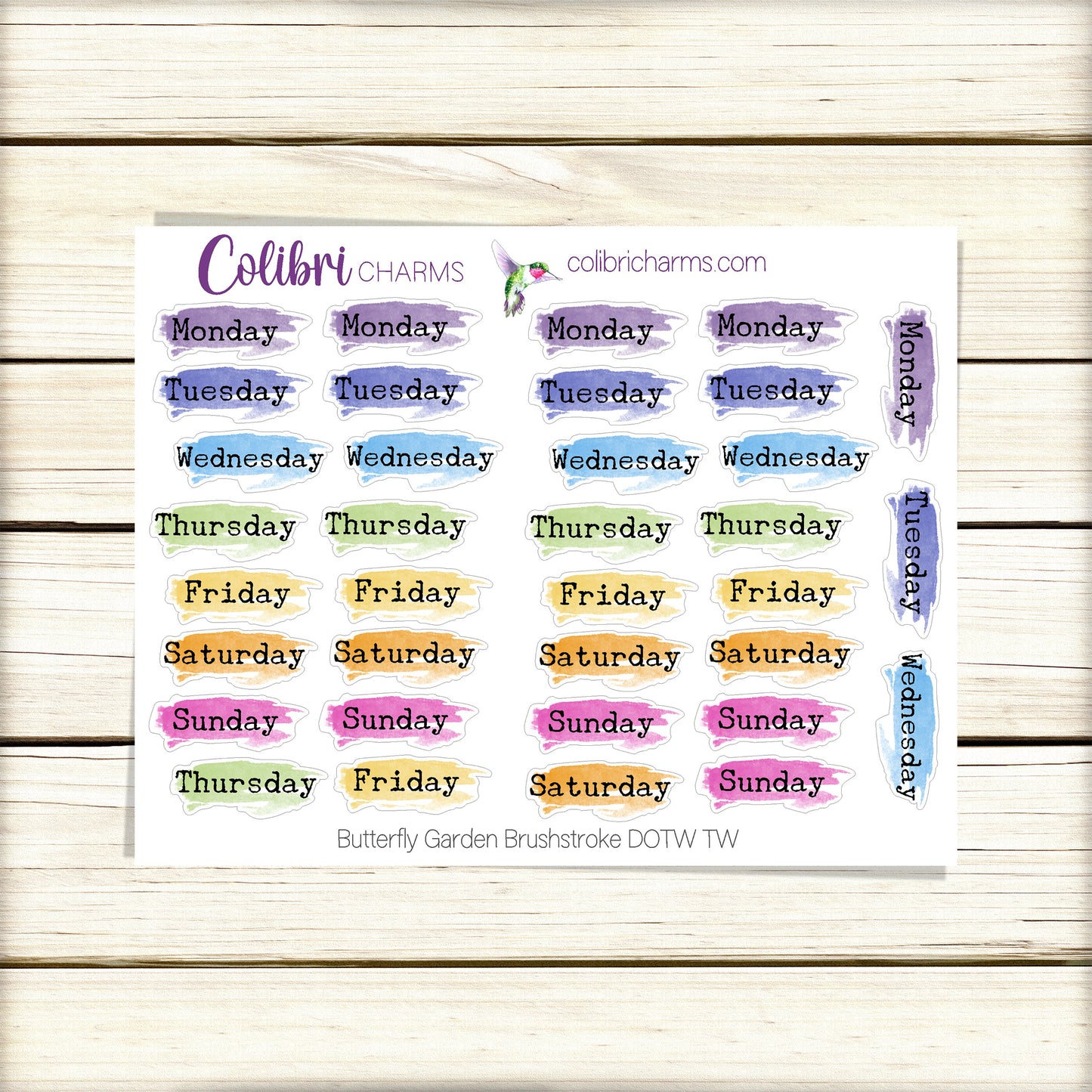 Butterfly Garden Brushstroke Days of the Week Planner Stickers | Colorful Watercolor DOTW | Number Stickers | Date Dots