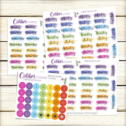 Butterfly Garden Brushstroke Days of the Week Planner Stickers | Colorful Watercolor DOTW | Number Stickers | Date Dots