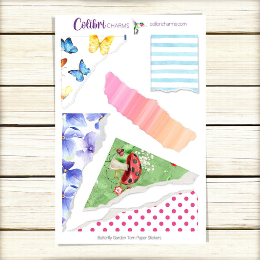 Butterfly Garden Torn Paper Stickers | Spring Deco Planner Stickers | Distressed Ripped Paper