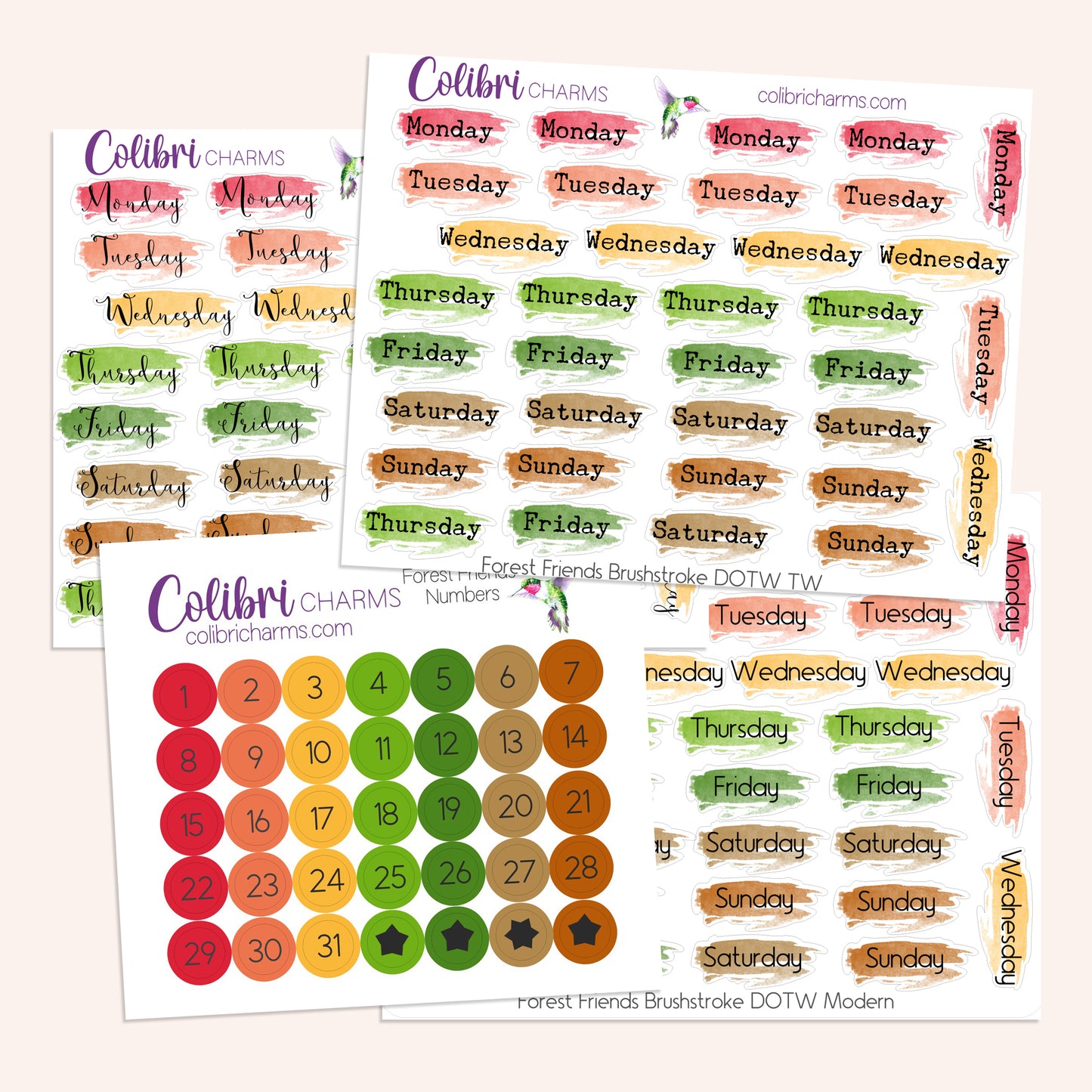 Forest Friends Brushstroke Days of the Week Planner Stickers | Autumn Watercolor DOTW | Number Stickers | Date Dots