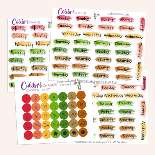 Forest Friends Brushstroke Days of the Week Planner Stickers | Autumn Watercolor DOTW | Number Stickers | Date Dots