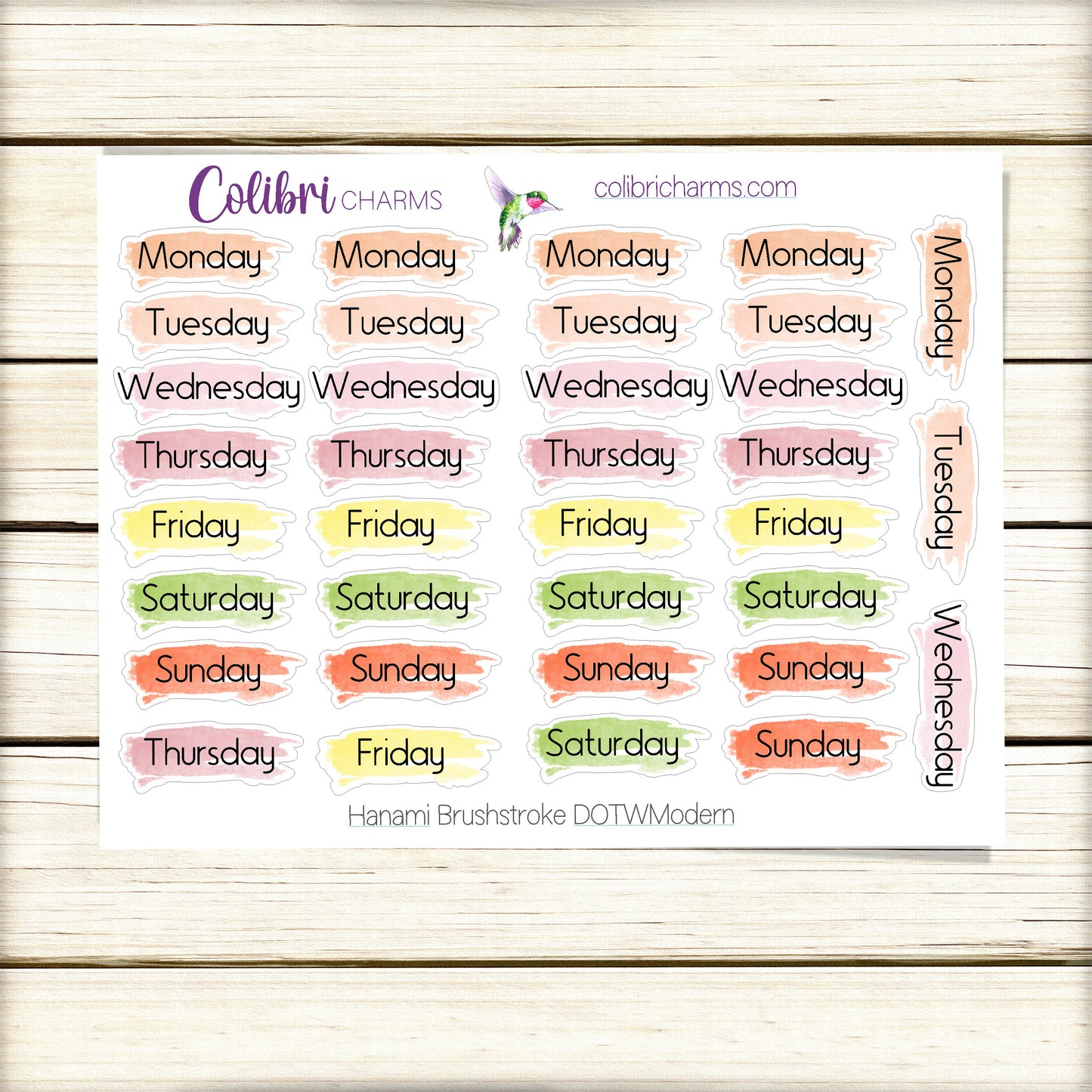 Hanami Brushstroke Days of the Week Planner Stickers | Colorful Watercolor DOTW | Number Stickers | Date Dots