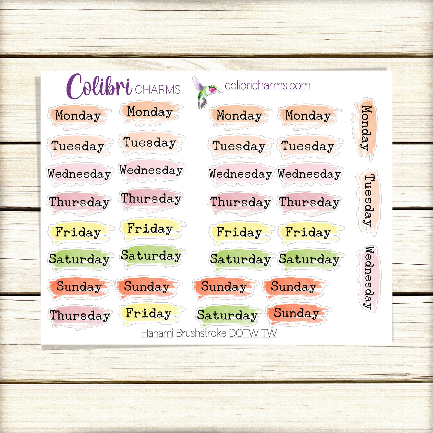 Hanami Brushstroke Days of the Week Planner Stickers | Colorful Watercolor DOTW | Number Stickers | Date Dots