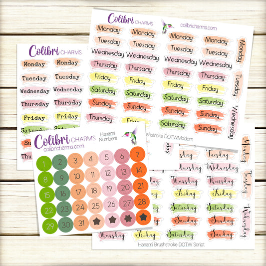Hanami Brushstroke Days of the Week Planner Stickers | Colorful Watercolor DOTW | Number Stickers | Date Dots