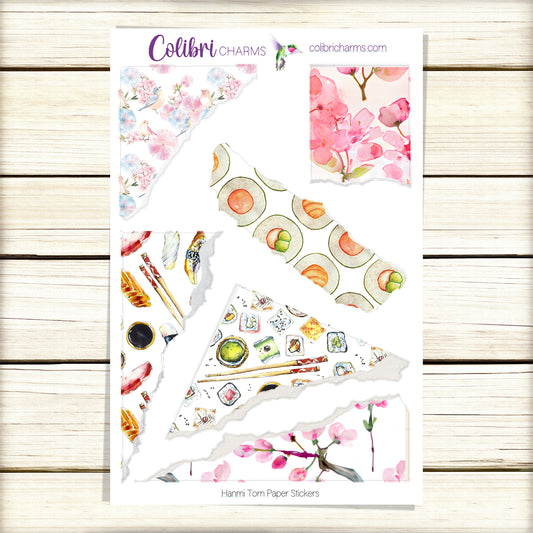 Hanami Torn Paper Stickers | Sushi Deco Planner Stickers | Sakura Distressed Ripped Paper | Japanese
