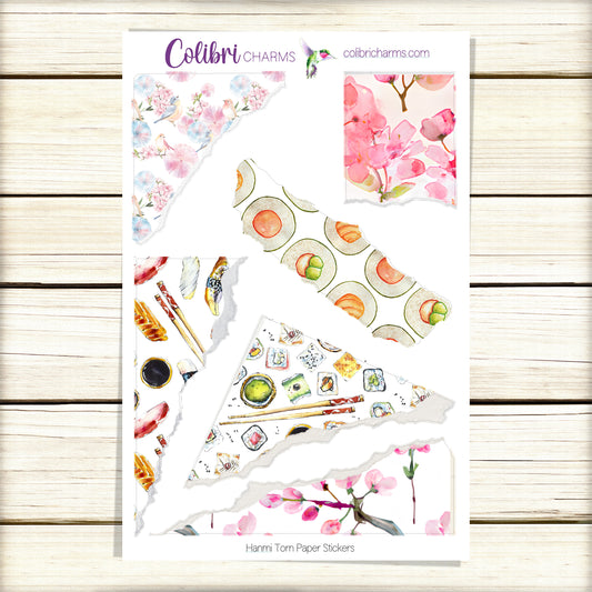 Hanami Torn Paper Stickers | Sushi Deco Planner Stickers | Sakura Distressed Ripped Paper | Japanese