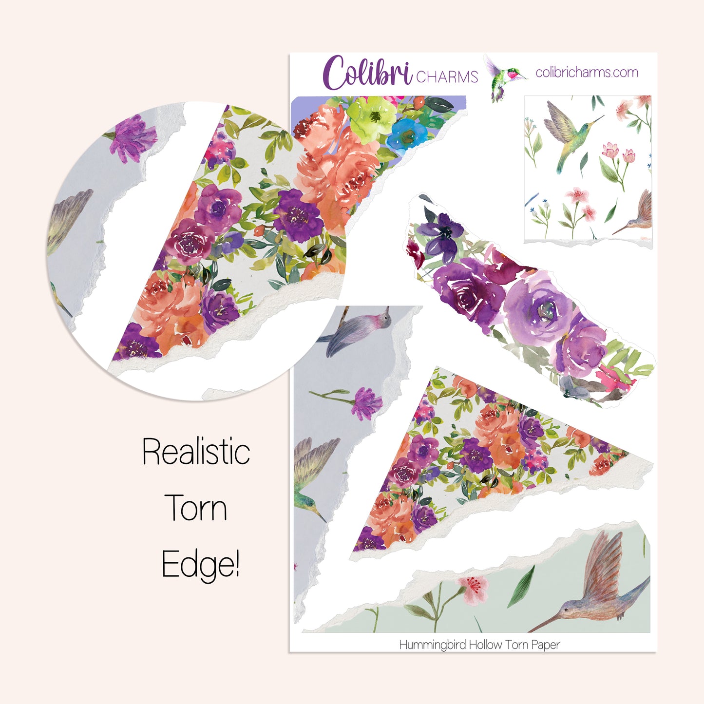 Hummingbird Hollow Torn Paper Stickers | Floral Decor | Flower Planner Stickers | Seasonal Planner Stickers | Ripped Paper