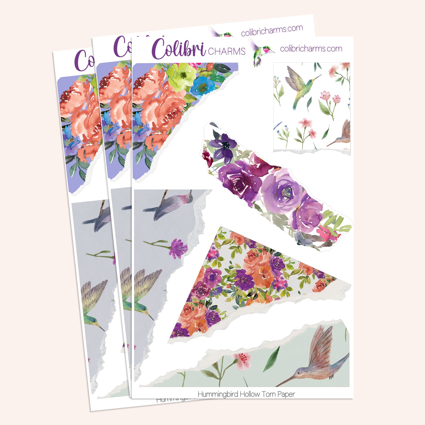 Hummingbird Hollow Torn Paper Stickers | Floral Decor | Flower Planner Stickers | Seasonal Planner Stickers | Ripped Paper