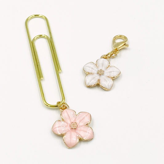 Pink Enamel Sakura Planner Charm | White Cherry Blossom Bookmark | Floral Stitch Marker | Japanese Flower Charm