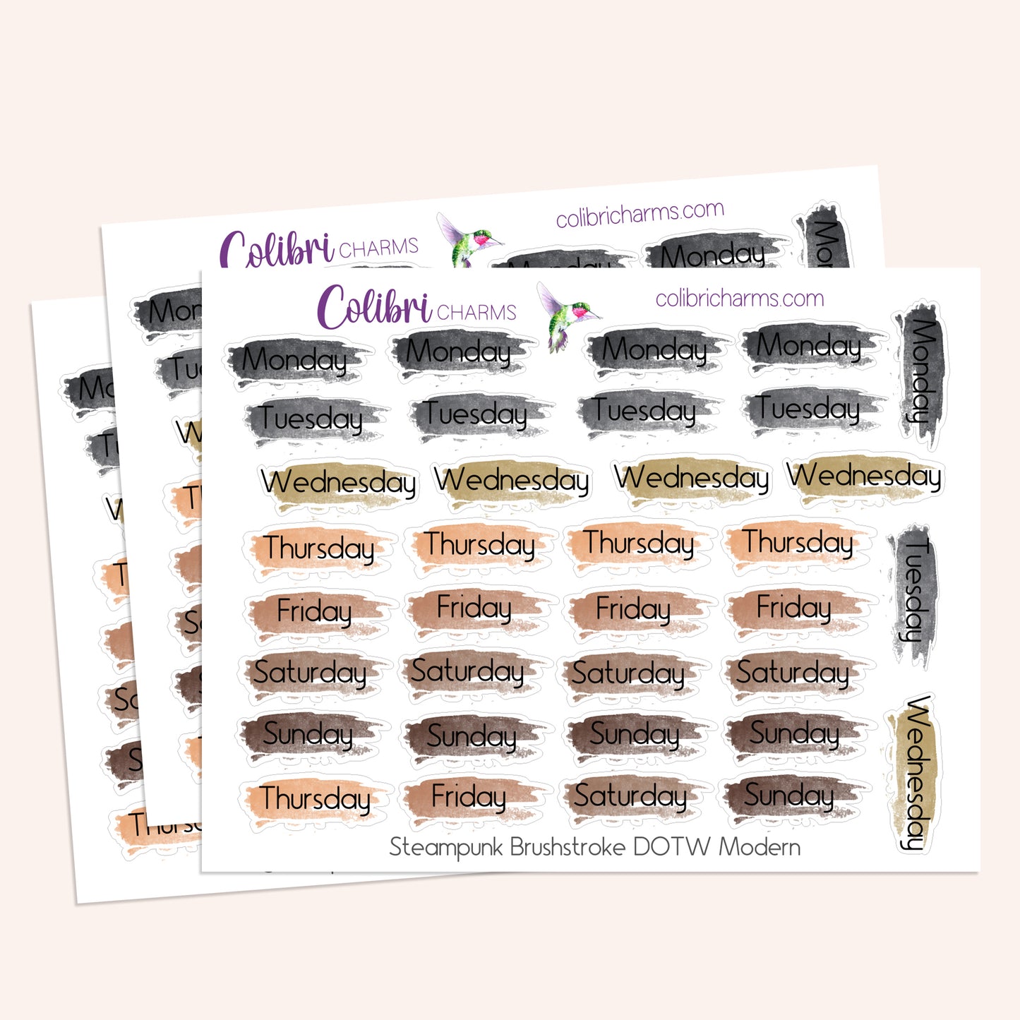 Steampunk Name Brushstroke Days of the Week Planner Stickers | Neutral Watercolor DOTW | Like Clockwork Number Stickers | Date Dots