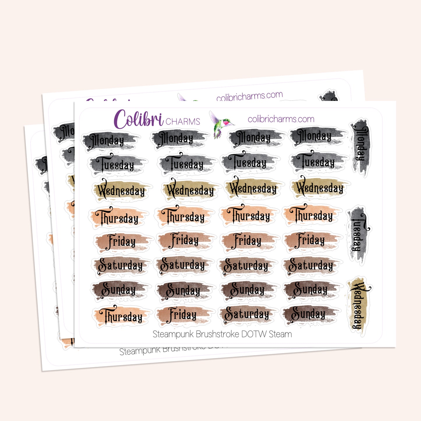 Steampunk Name Brushstroke Days of the Week Planner Stickers | Neutral Watercolor DOTW | Like Clockwork Number Stickers | Date Dots