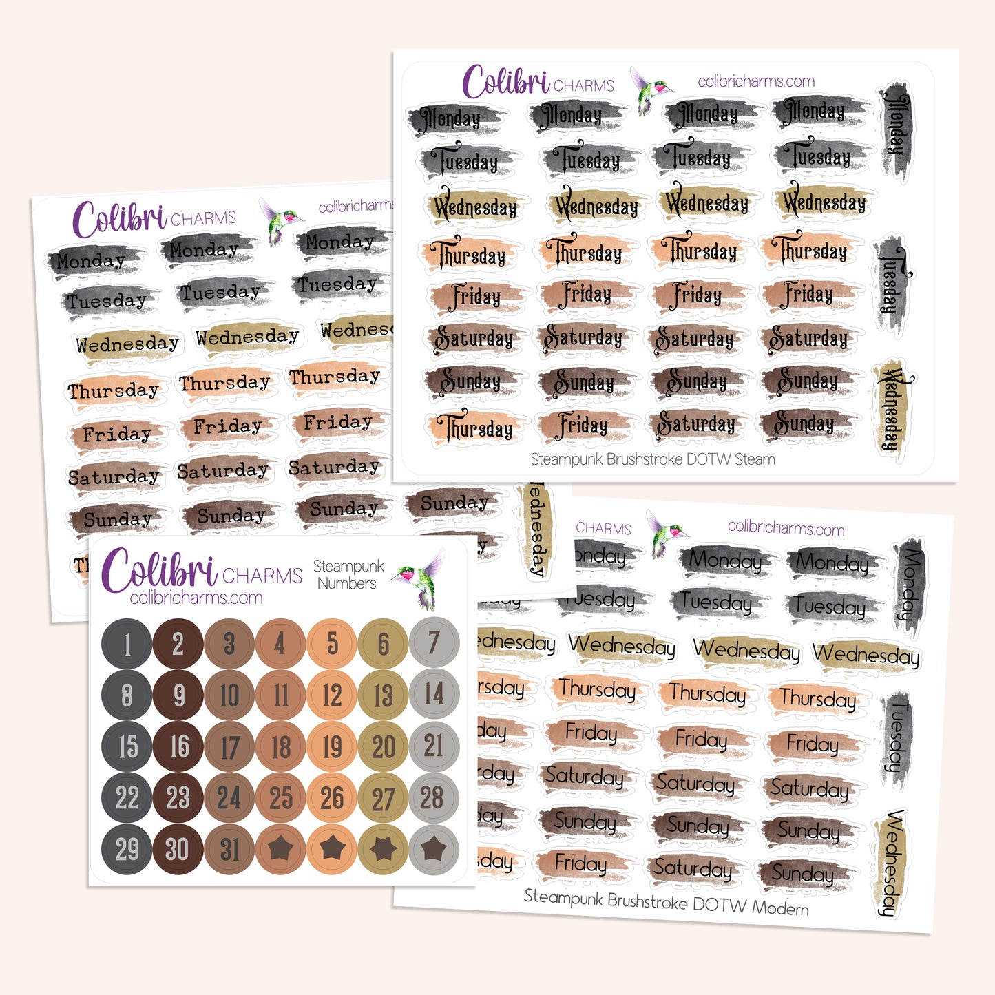 Steampunk Name Brushstroke Days of the Week Planner Stickers | Neutral Watercolor DOTW | Like Clockwork Number Stickers | Date Dots