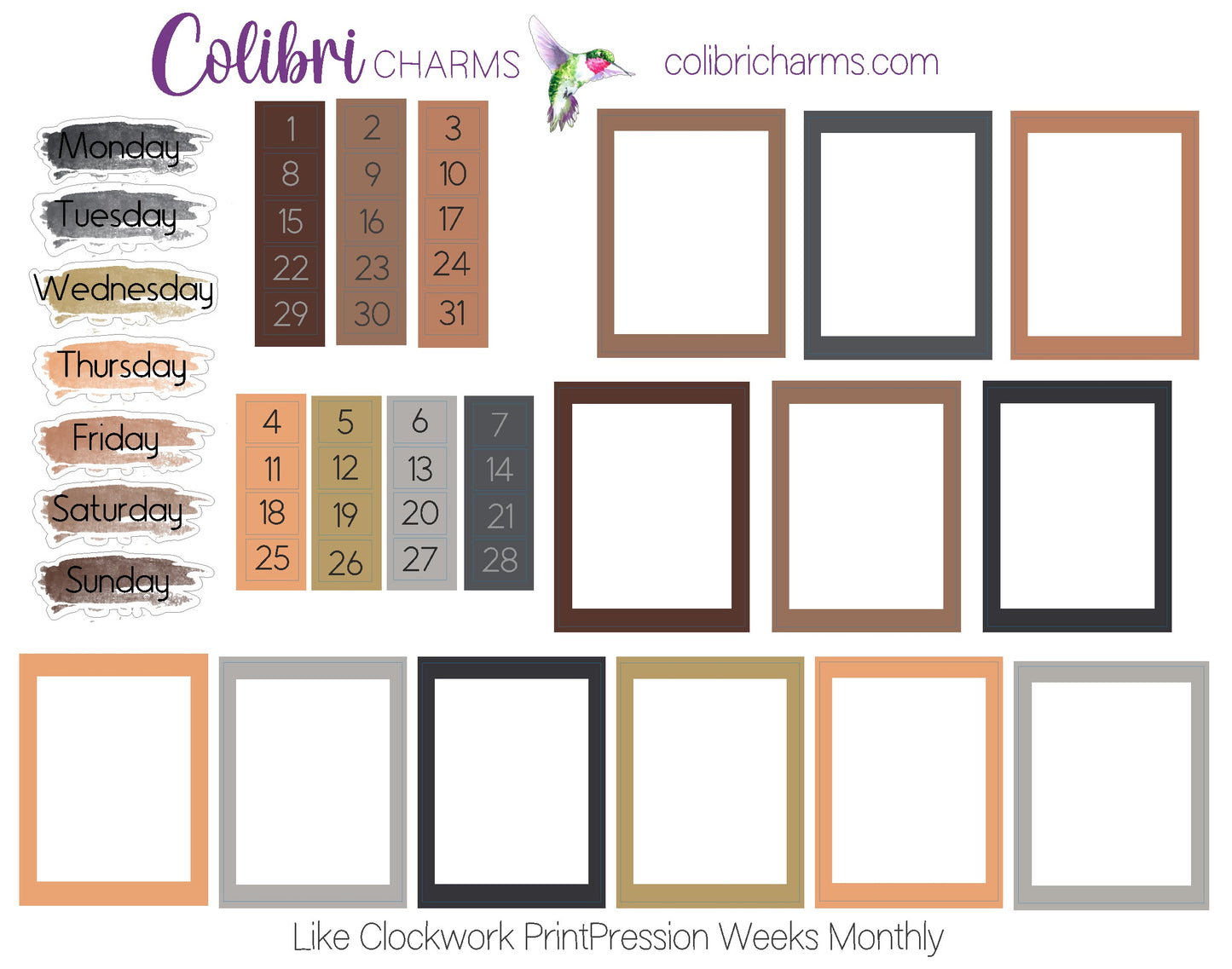 Like Clockwork PrintPression Weeks Monthly Planner Stickers | Neutral Watercolor DOTW | Tiny Number Stickers | Date Dots