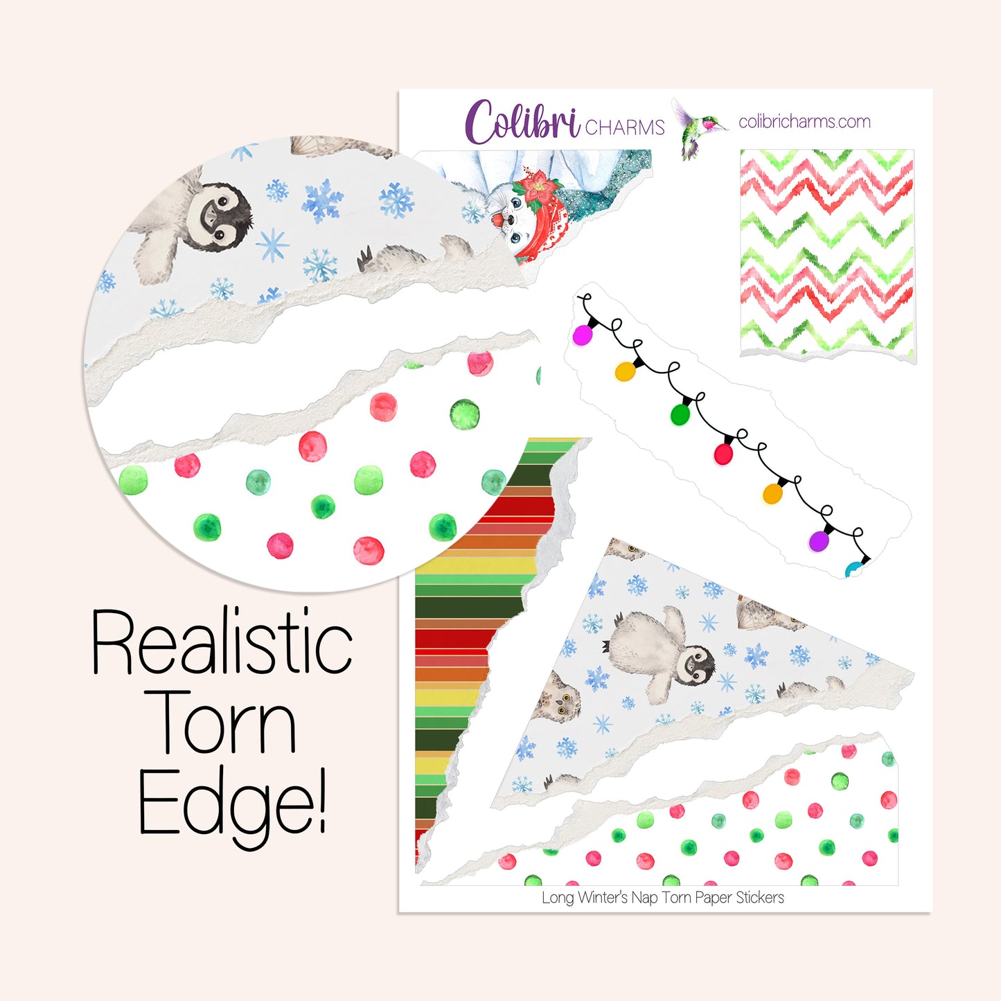 Long Winter's Nap Torn Paper Stickers | Christmas Decor | Holiday Planner Stickers | Seasonal Planner Stickers | Ripped Paper