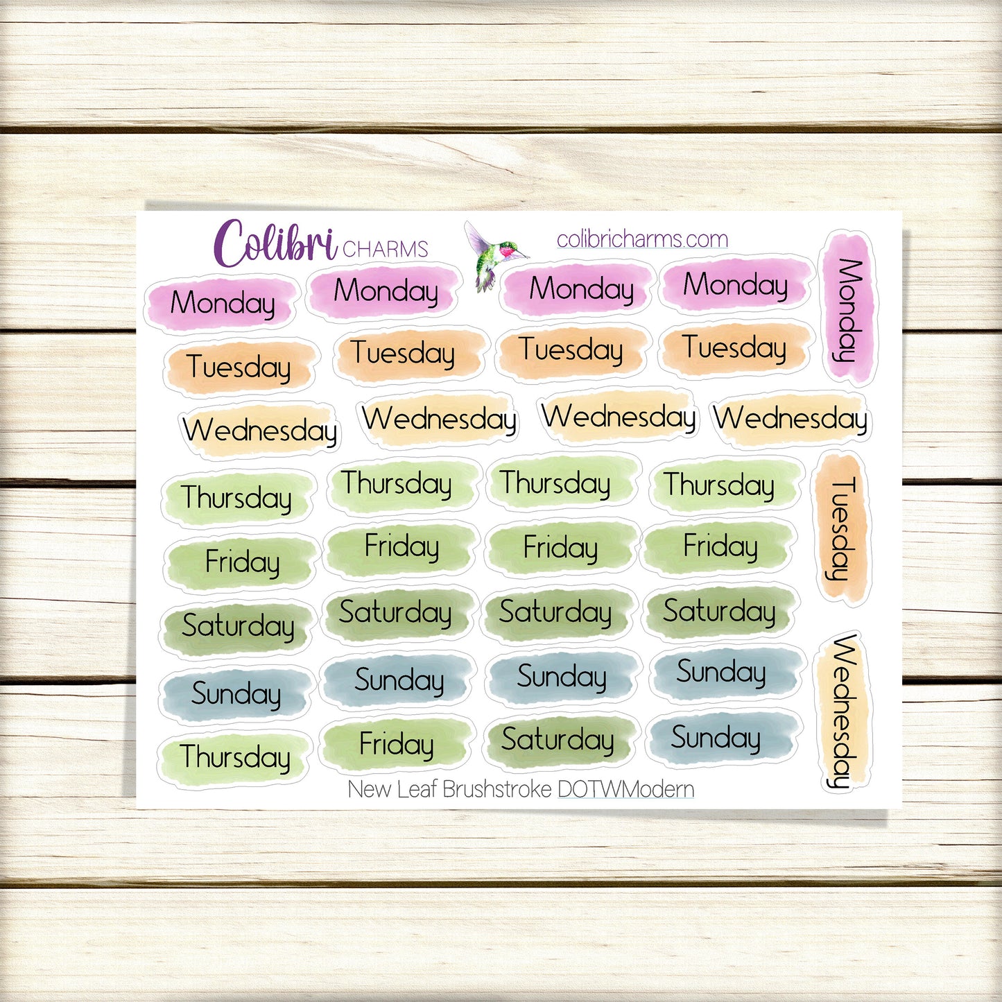 New Leaf Brushstroke Days of the Week Planner Stickers | Colorful Watercolor DOTW | Number Stickers | Date Dots