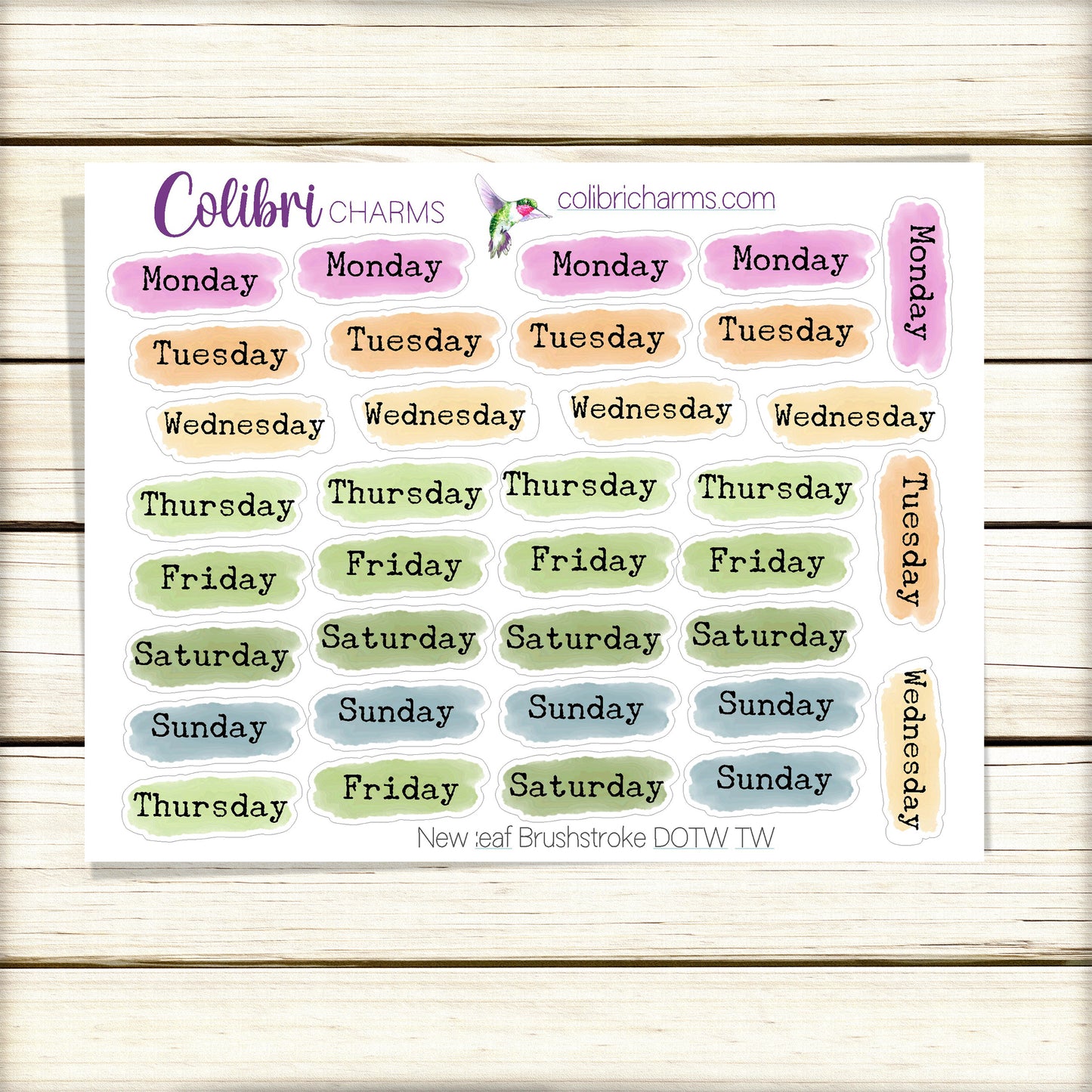 New Leaf Brushstroke Days of the Week Planner Stickers | Colorful Watercolor DOTW | Number Stickers | Date Dots