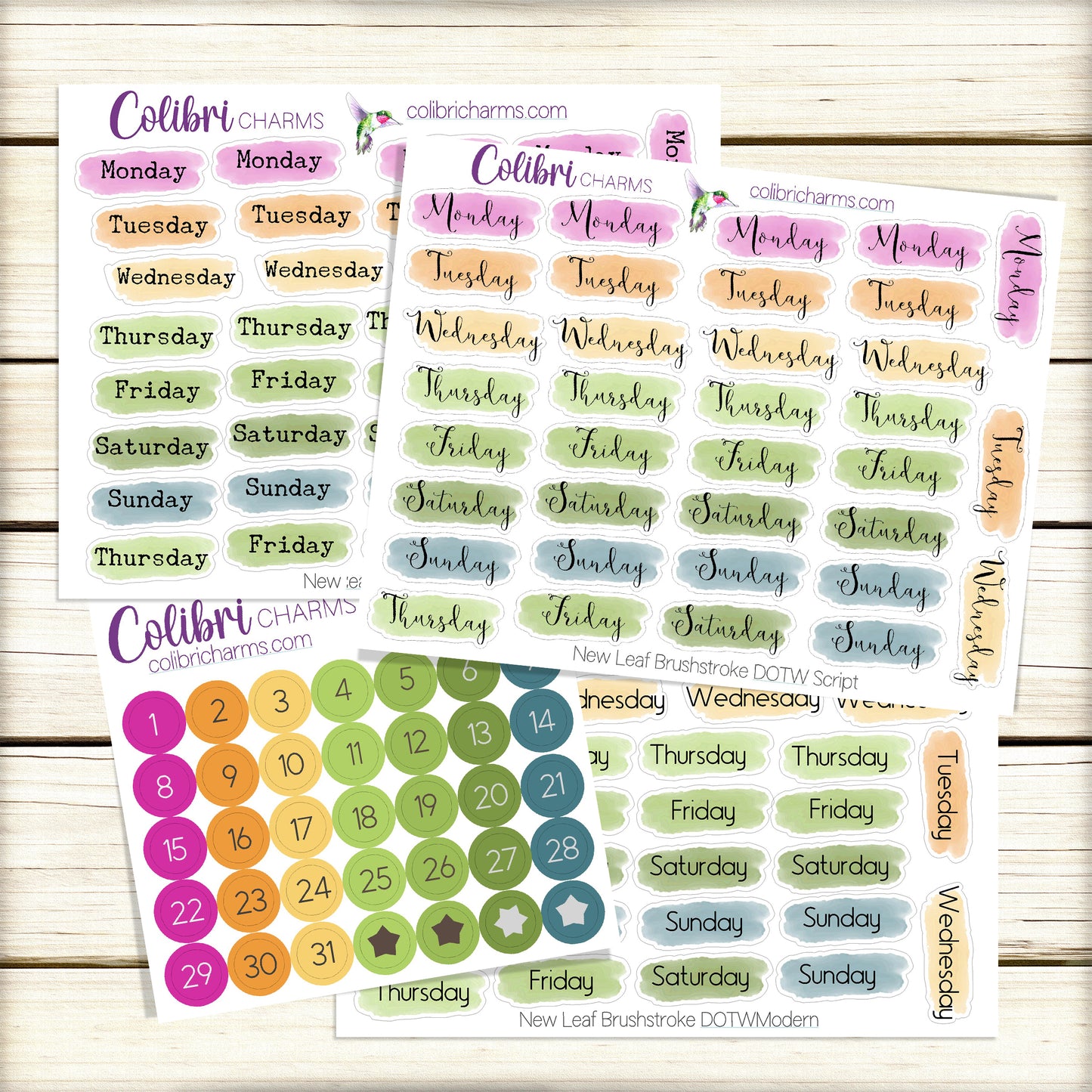 New Leaf Brushstroke Days of the Week Planner Stickers | Colorful Watercolor DOTW | Number Stickers | Date Dots