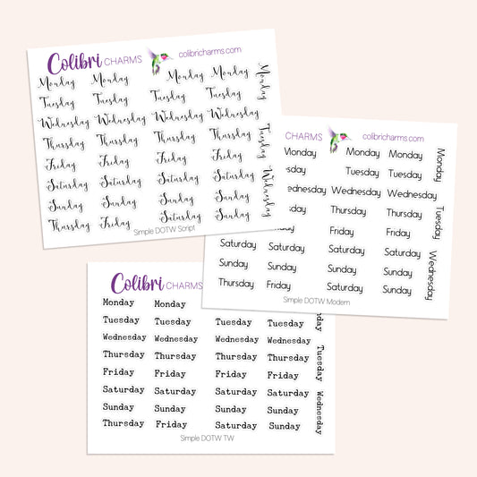 Simple Days of the Week Planner Stickers | Modern DOTW Stickers | Script Daily Stickers | Typewriter Date Dots | Date Stickers